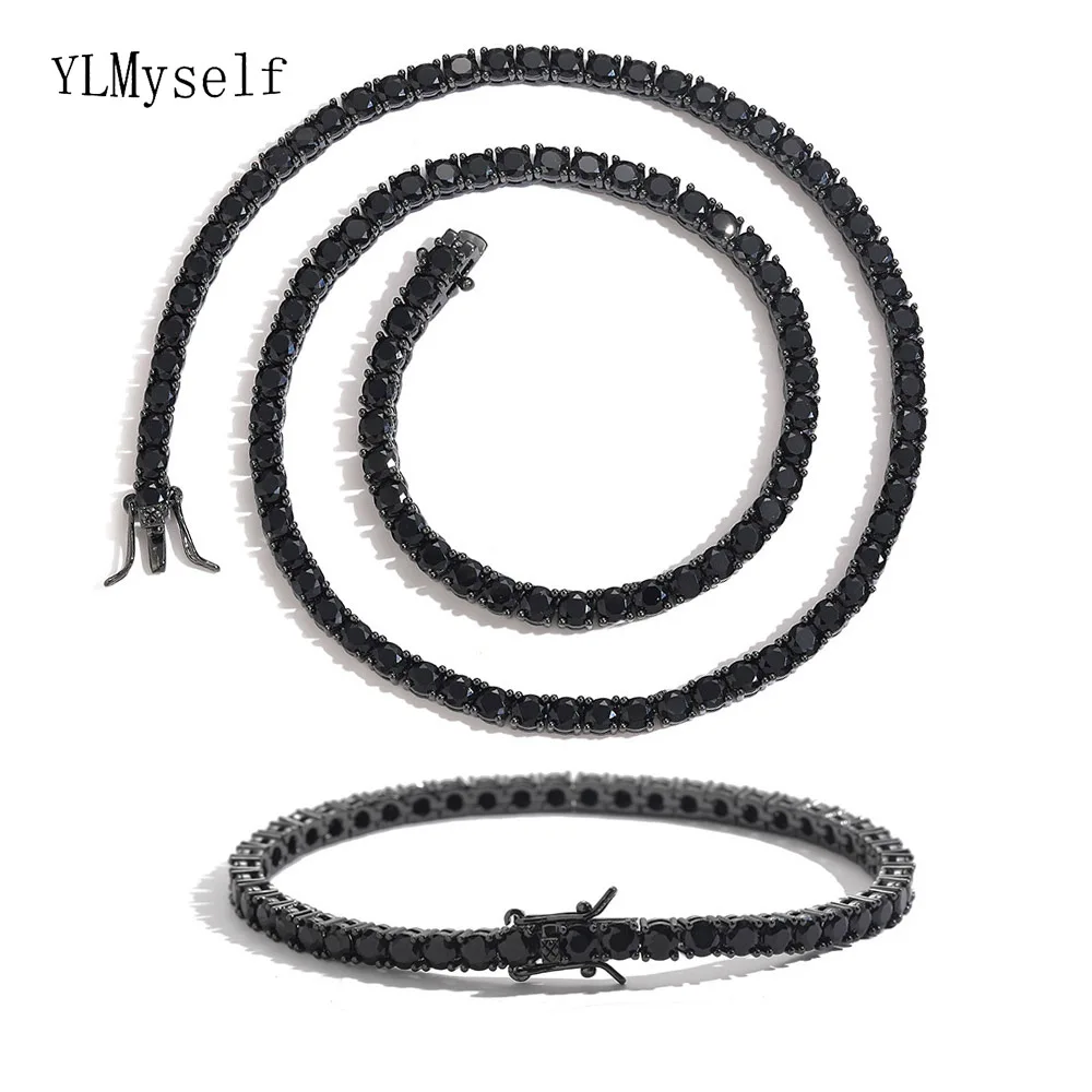 

Brass 3MM/4MM/5MM Black Cubic Zircon Tennis Necklace+Bracelet 2 pcs Sets Gun Black Plating Hiphop Rock Chain Jewelry Men