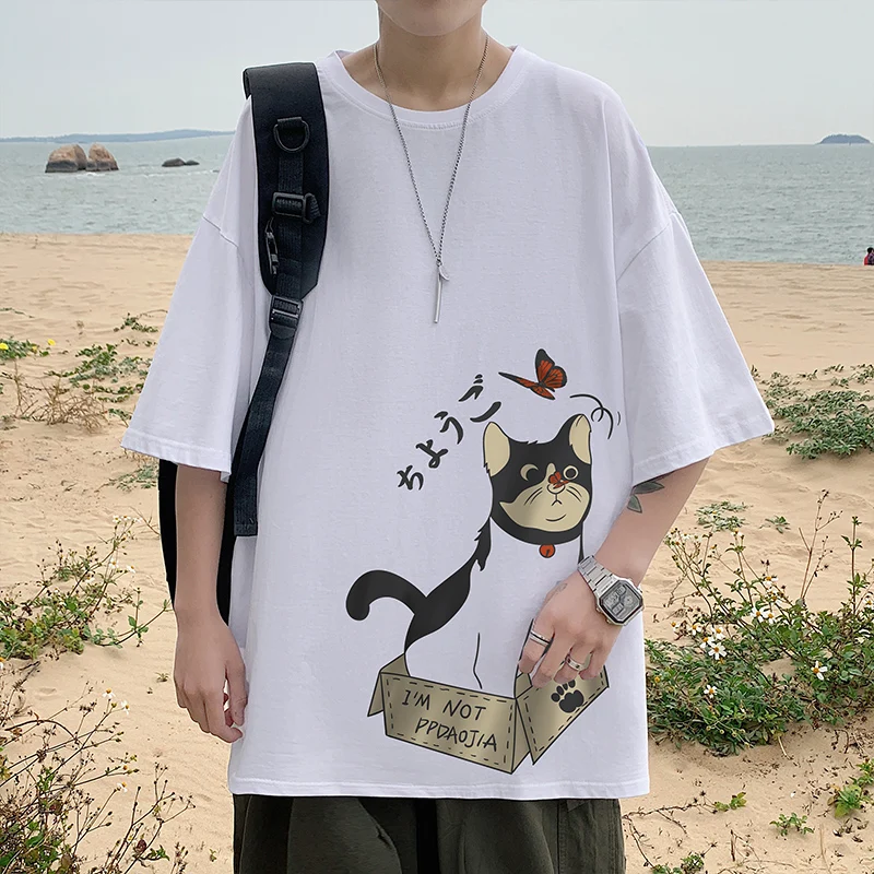 Short Sleeve Summer Men's High Street Tide Brand Cat T-Shirt Hong Kong Style Teen Large Size Five-Point Sleeve Blcak Pink