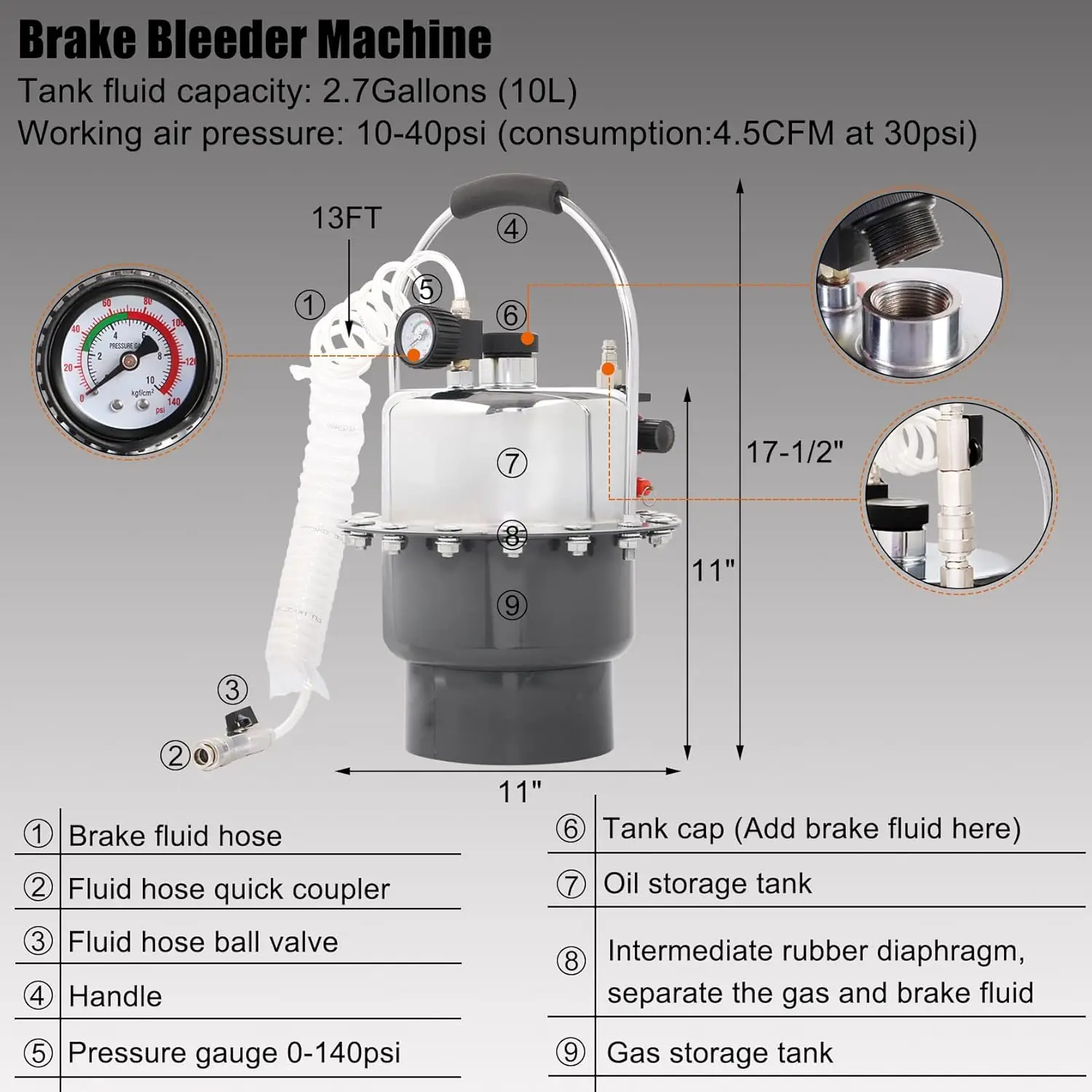 

Brake Bleeder Kit Pneumatic Pressure Brake Clutch Fluid Bleeding Tool Set with Master Cylinder Adatpers Air Power Pressurized