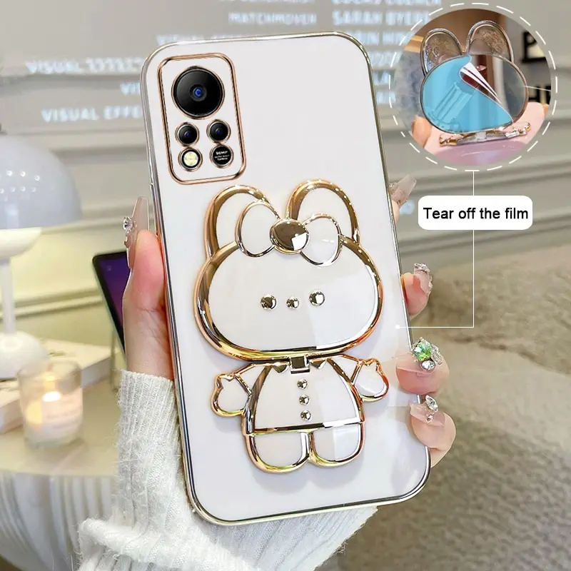 Makeup Mirror Phone Case For Infinix Hot 11S Nfc Plating Cartoon Rabbit Folding Bracket Phone Protection Case Cover