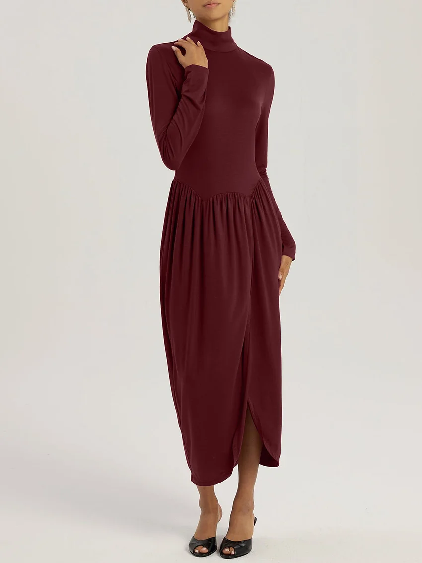 

Marthaqiqi Comfort Ladies Nightgowns Turtleneck Sleepwear Long Sleeve Pajama Sexy Split Ankle-Length Nightwear Knitted Nightwear