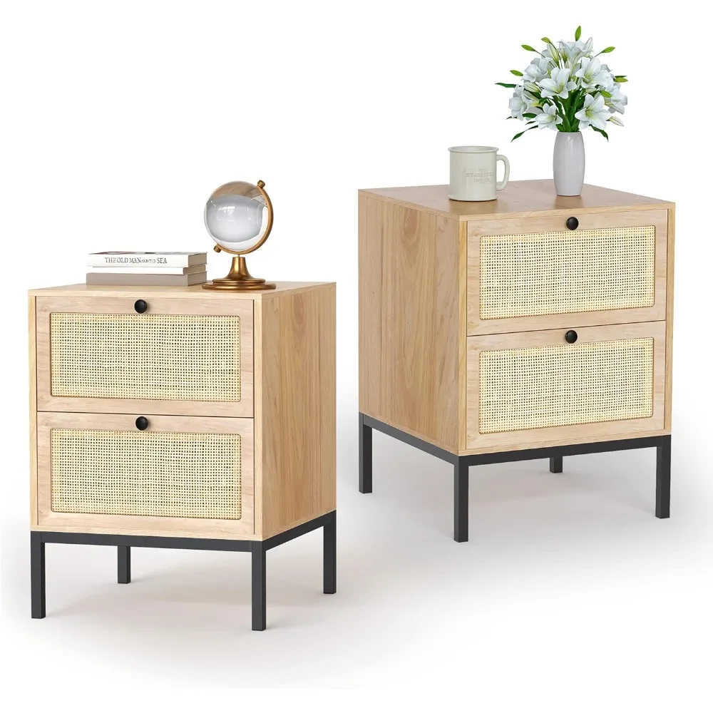 

Rattan Nightstand Set of 2, Boho Bedside Table with Natural Rattan Decorated Drawers, Modern Farmhouse Night Stand for Bedroom L