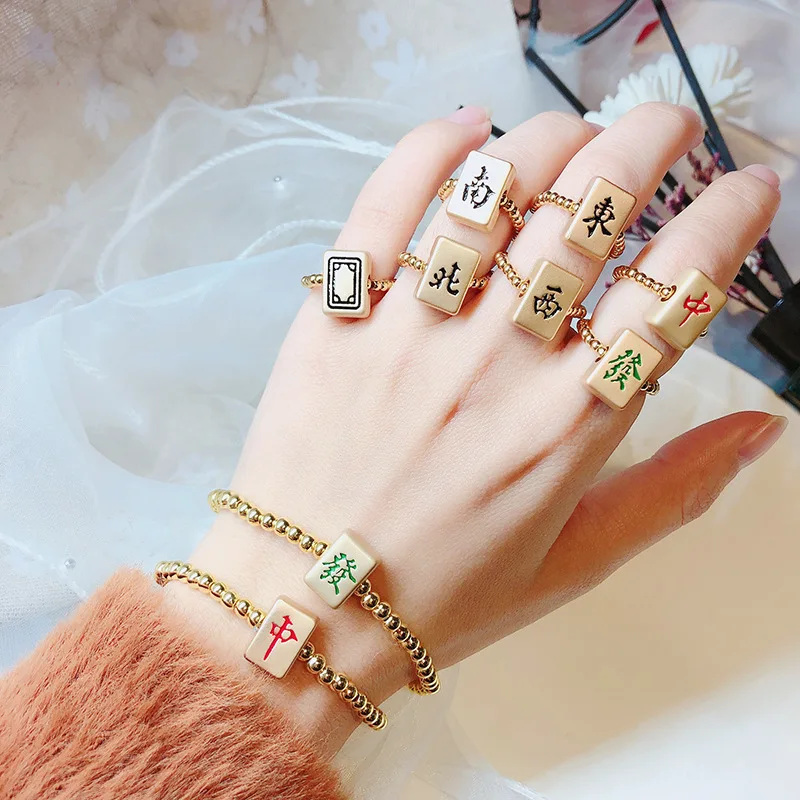 Fashion Chinese Mahjong Jewelry for Women Gold Color Stainless Steel Earrings Bracelet Ring Gifts Make A Fortune Lucky Player