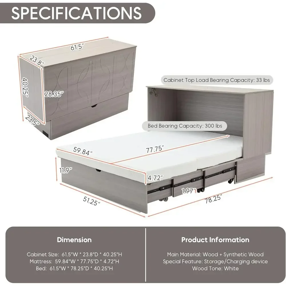 Queen Size Wall-Mounted Murphy Bed with Charging Station & Storage, Space-Saving for Bedroom, Living Room, Office (Grey) view 2