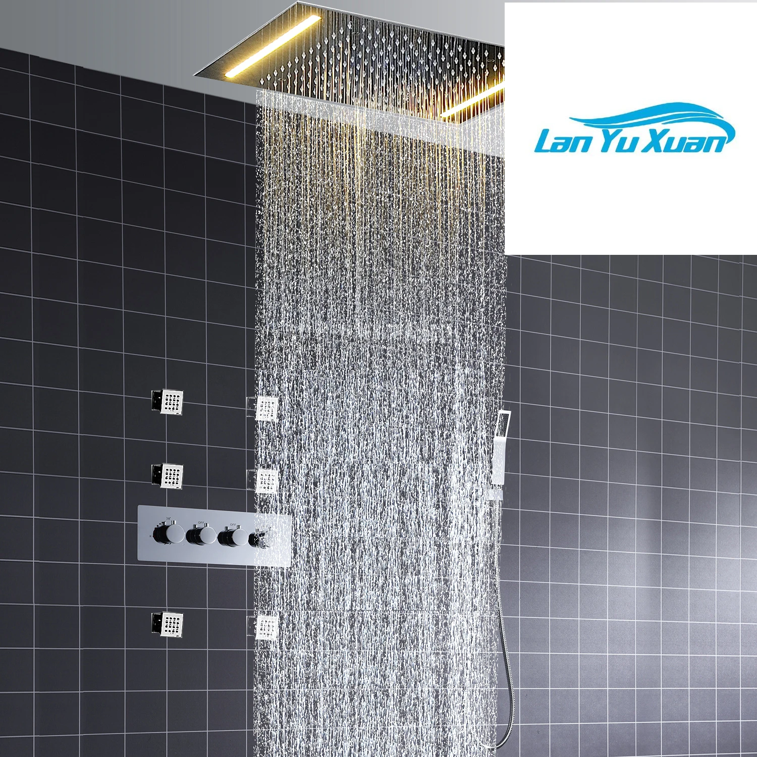 Bathroom Accessories Ceiling Mounted Thermostatic LED Shower Head Set Rainfall Jet Shower Faucet Kit Set With Handheld Shower