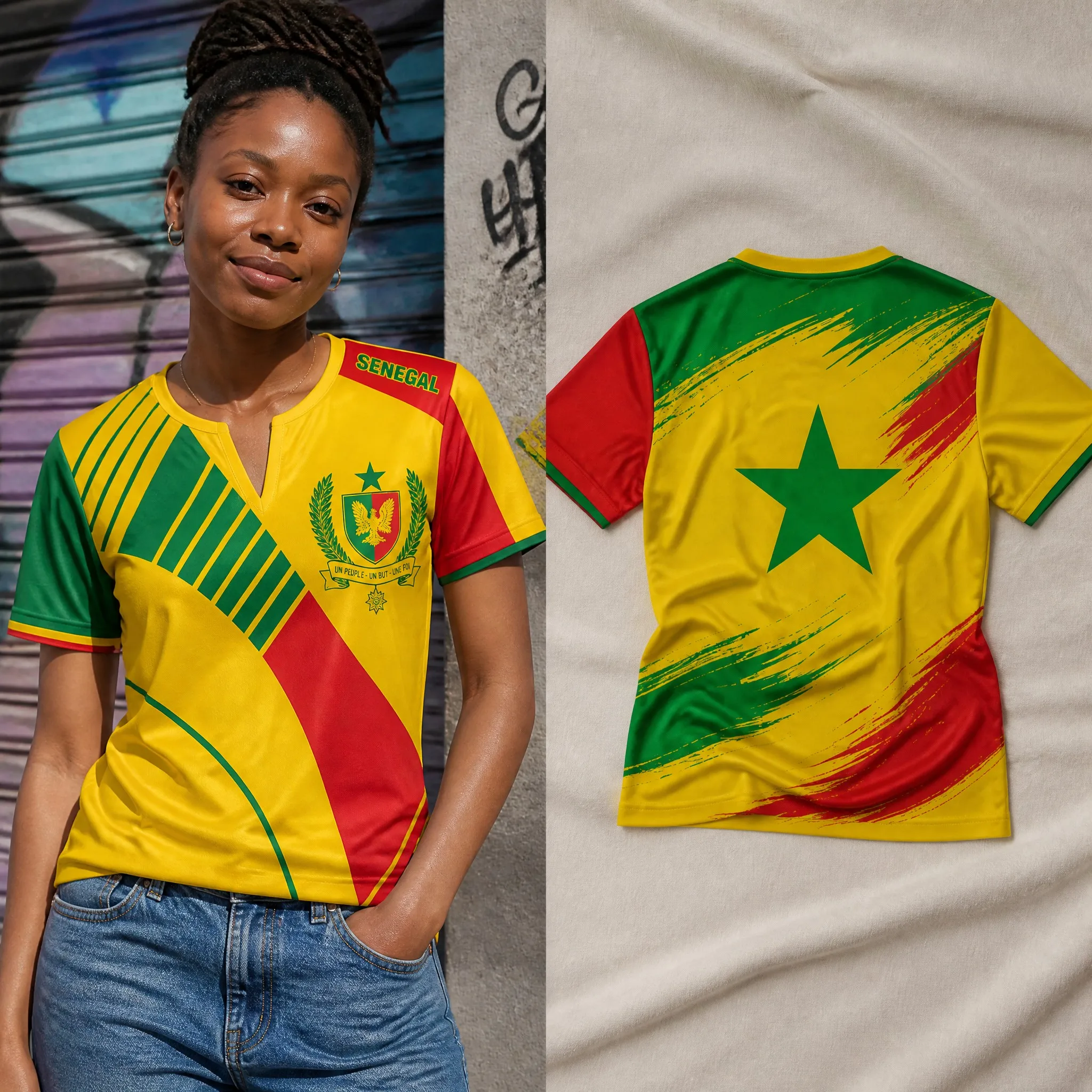 Womens Senegal Small V Neck T Shirt Yellow Red Green Crest Star Stripe Print Casual Summer Short Sleeve Tops Heritage Daily Wear