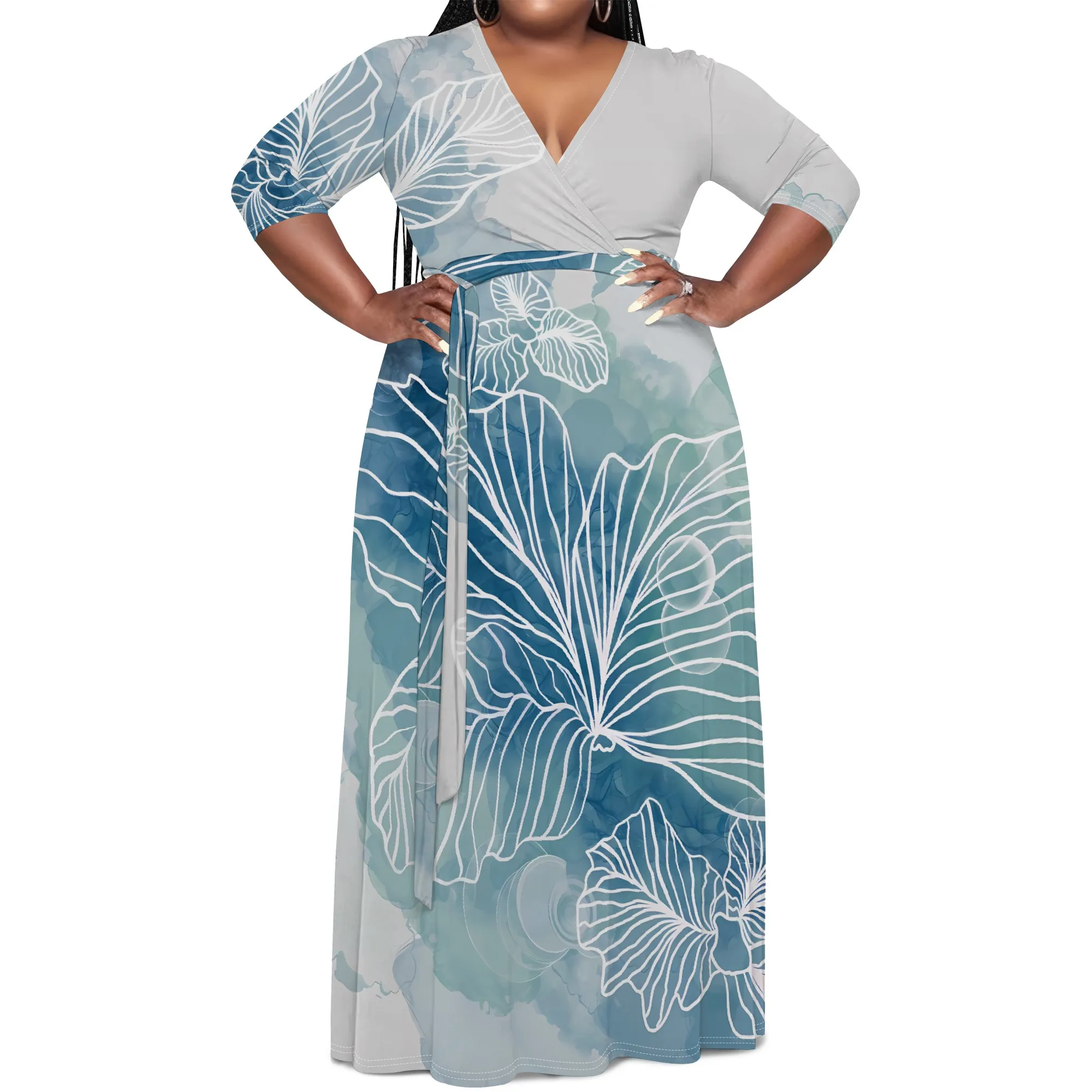 Nupusa jurk met bladprint voor dames, grote maten zomer, casual maxi-jurk met V-hals en halve mouwen