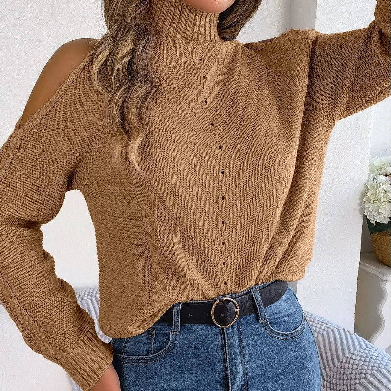 Autumn and Winter Women\'s Pullover Solid Off Shoulder High Neck Screw Thread Hollow Out Long Sleeve Knit Pullover Sweater Tops