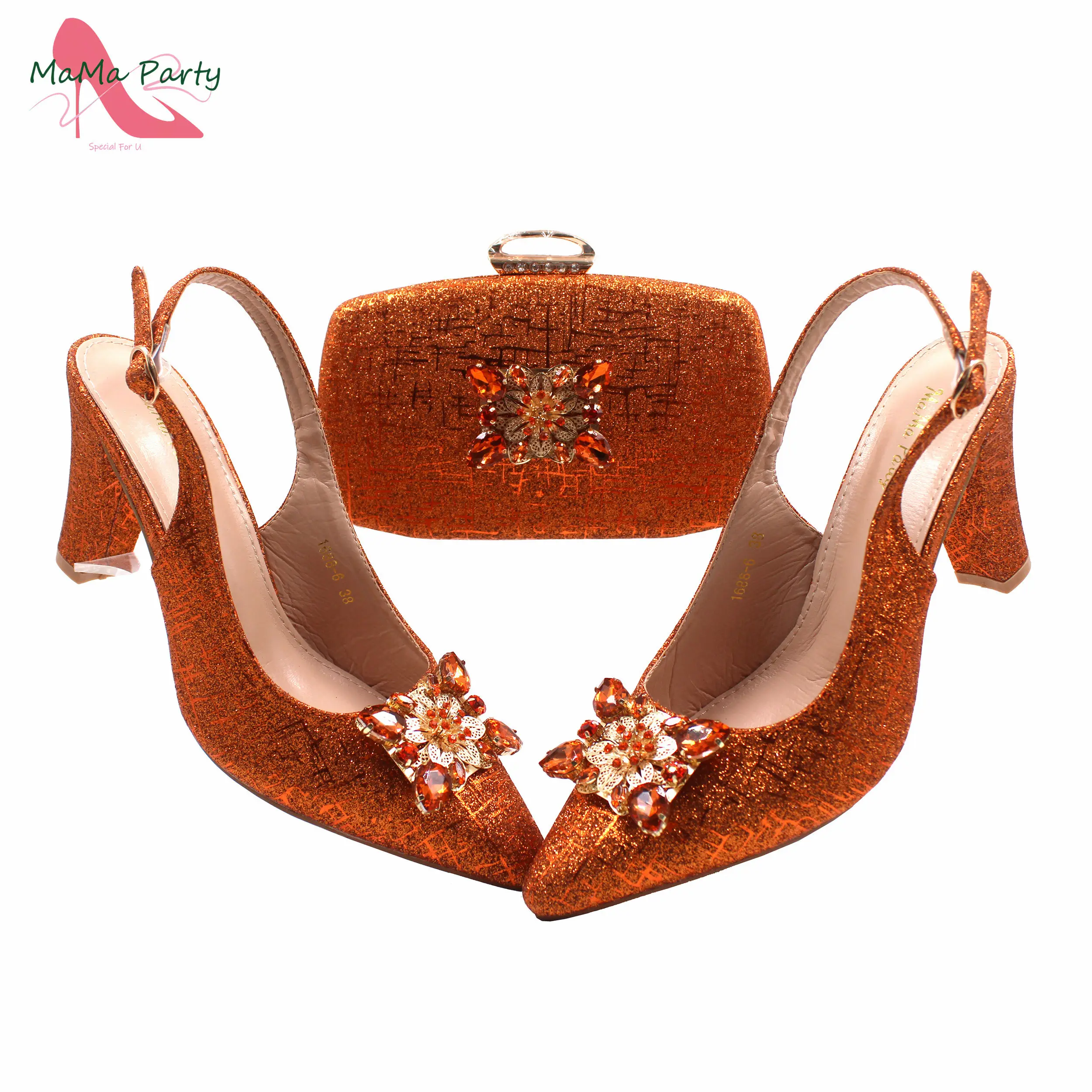 Orange New Design Italian Women Shoes and Bag Set with Shinning Crystal Comfortable Heels Special Pumps for Wedding Party