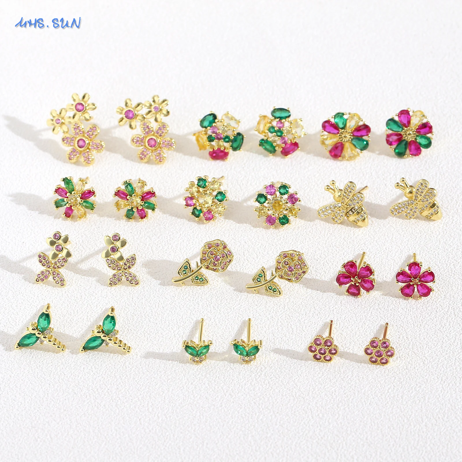 SUNSLL Spring Dragonfly Butterfly Cubic Zircon Flower Stud Earrings For Women Girls Gold Plated Daily Jewelry Gift 1Pair