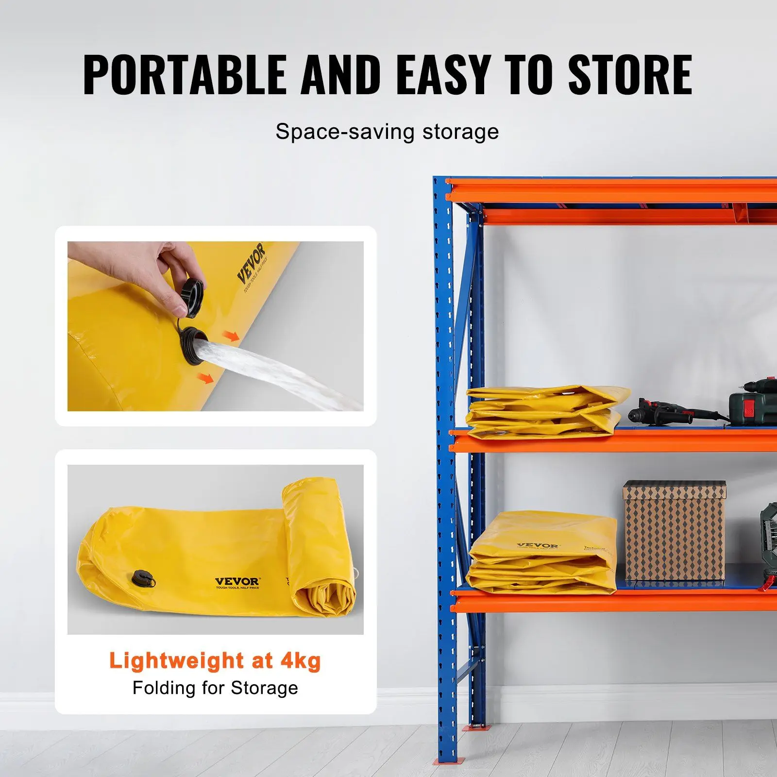 Sacos de barreira contra inundações, 4 pés, saco de areia cheio de água, alternativa para porta, entrada de garagem, proteção contra inundações, fácil de usar e armazenar