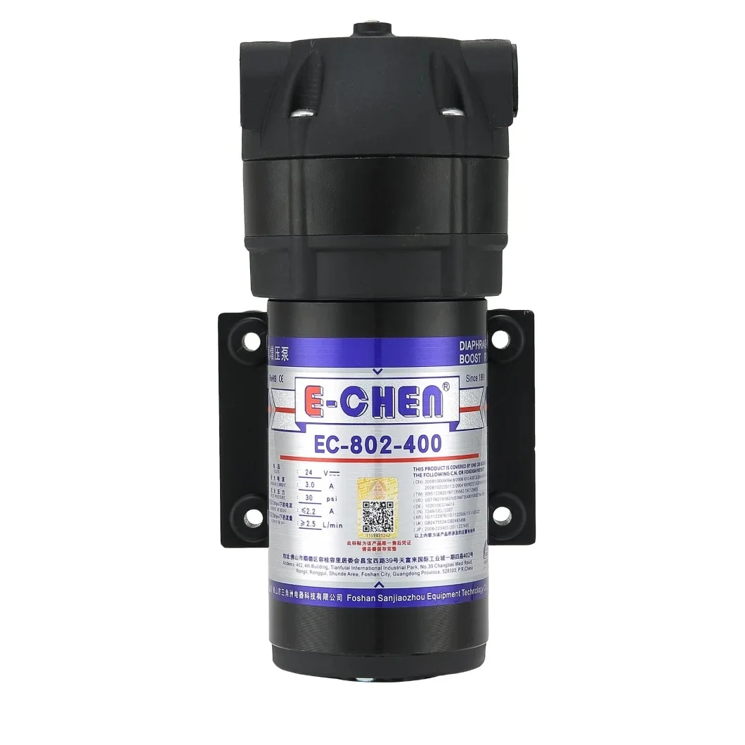 E-Chen EC-802-400 RO Booster Membrane Pump 400GPD Electric Diaphragm Pump 24V DC 2.5LPM@80psi for Reverse Osmosis Water Purifier
