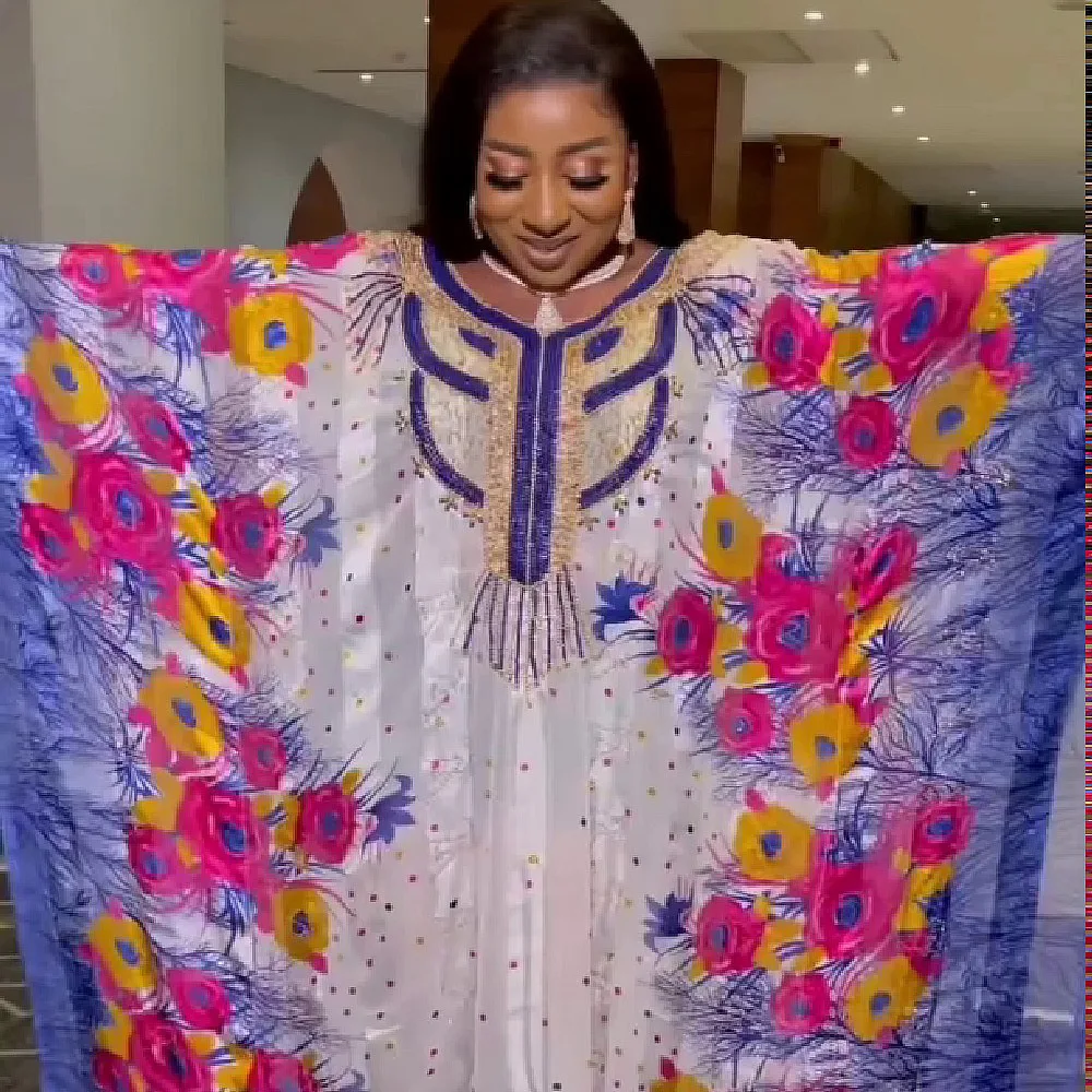 

Long African Print Dresses for Women Plus Size Clothing Dashiki Chiffon Diamonds Abaya Boubou Muslim Dress Robe Africaine Femme