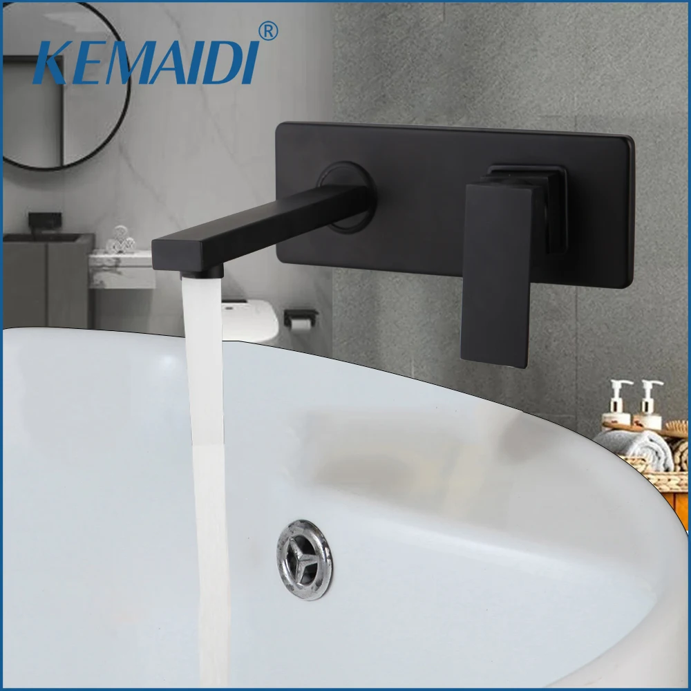 

KEMAIDI Matt Black Bathroom Faucet Wall Mounted Hot& Cold Water Mixer Brass Basin Faucets Tap Concealed Single Lever Crane RU