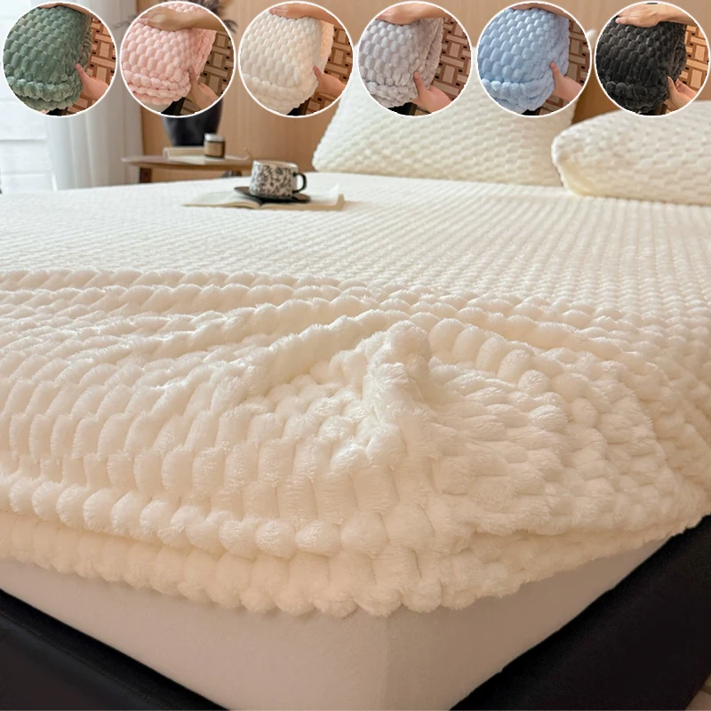 Newest Fluffy Double-sided Velvet Fitted Sheet  Thickened Warm 360 Degree All-round Package Bed Cover for Home Hotel Drap Housse