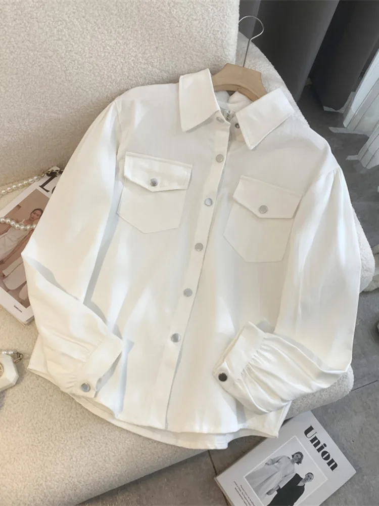 

Spring Long Sleeve Denim Shirt Women Casual Loose Retro Solid Color Blouses Female Single Breasted Pockets White Gray Top Coats