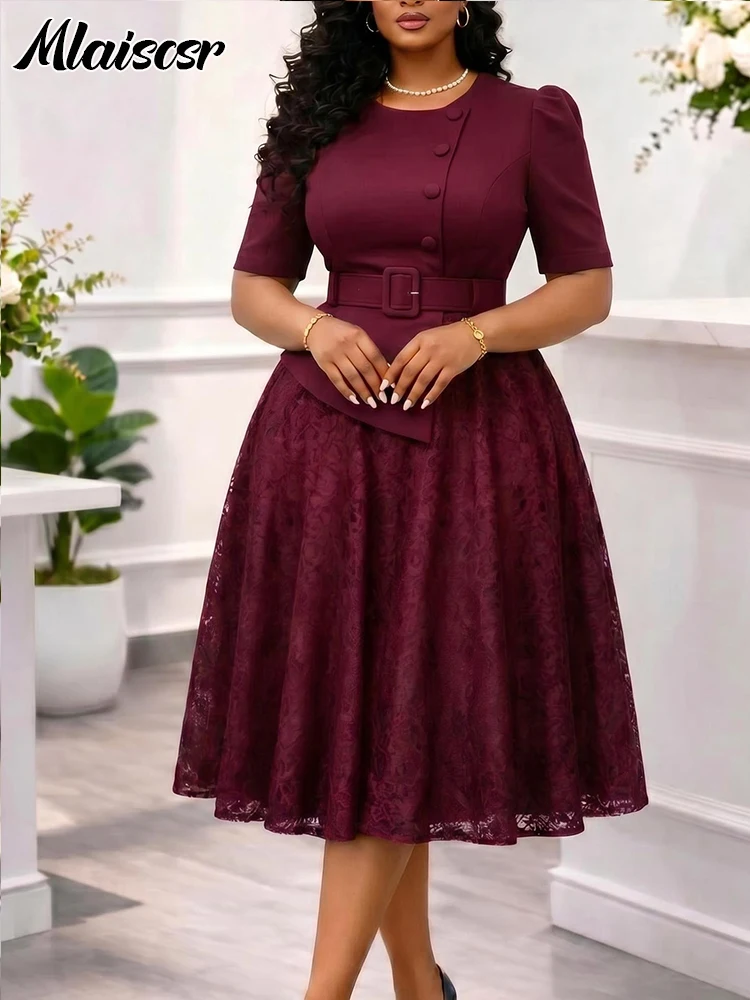 Mlaiscsr Classy Pink Mid Dress for Women Puff Sleeve A-Line Belted Waist Buttoned Top Floral Lace Overlay Dresses Brunch Church image 3