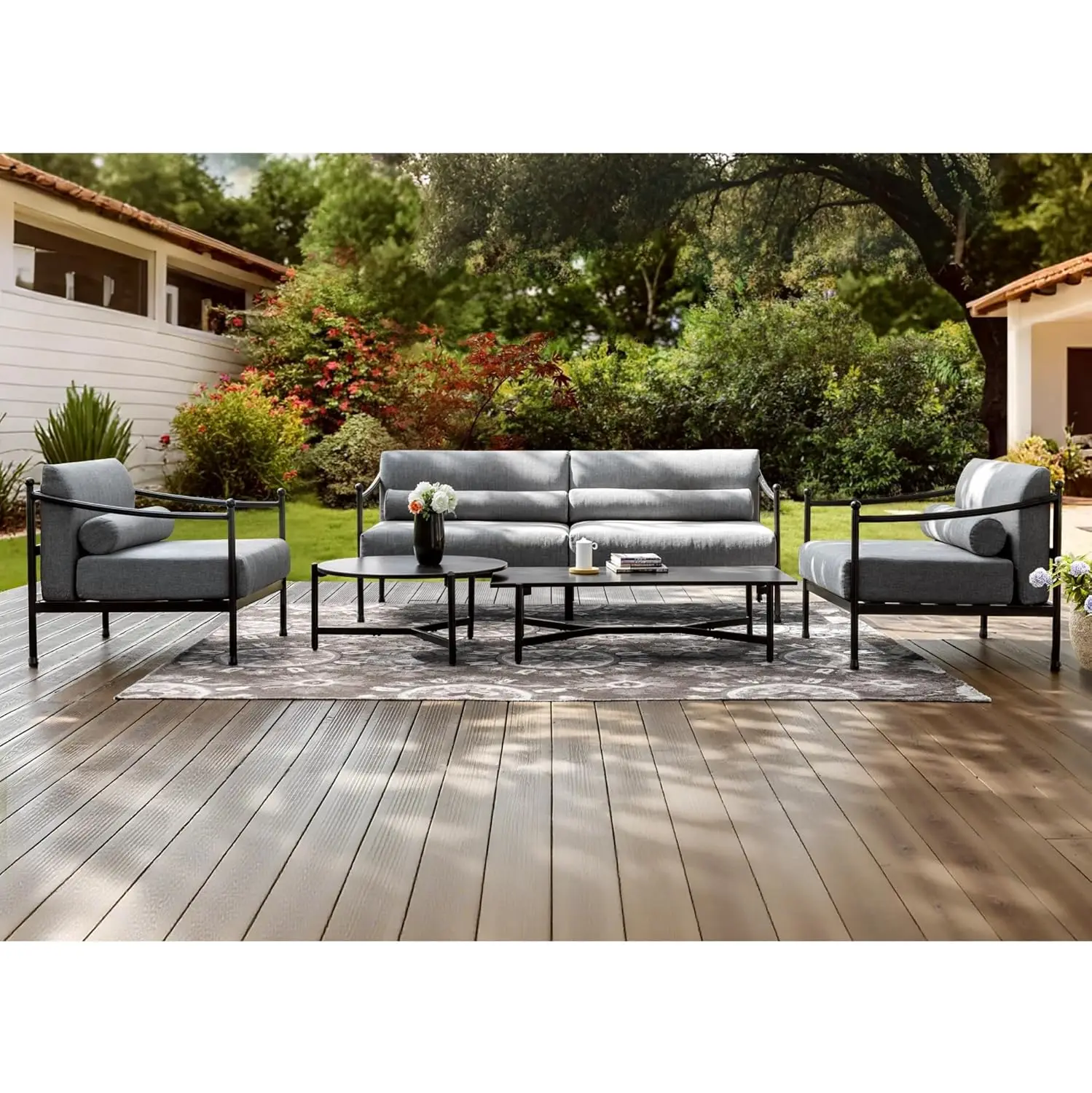 

Комплект для отдыха на открытом воздухе из 4 предметов: стальной, с водонепроницаемыми и устойчивыми к ржавчине подушками, для террасы/балкона, серый, на заказ