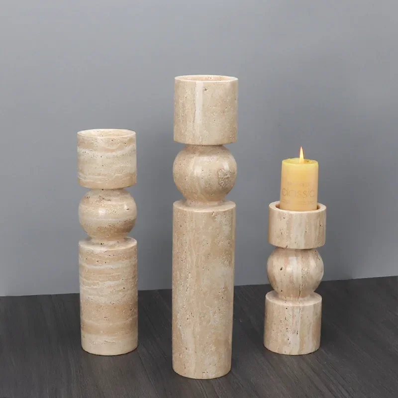 Black Beige Travertine Stone Natural Marble Carving Cylindrical Candle Holder Ornament Hotel Room Home Decoration