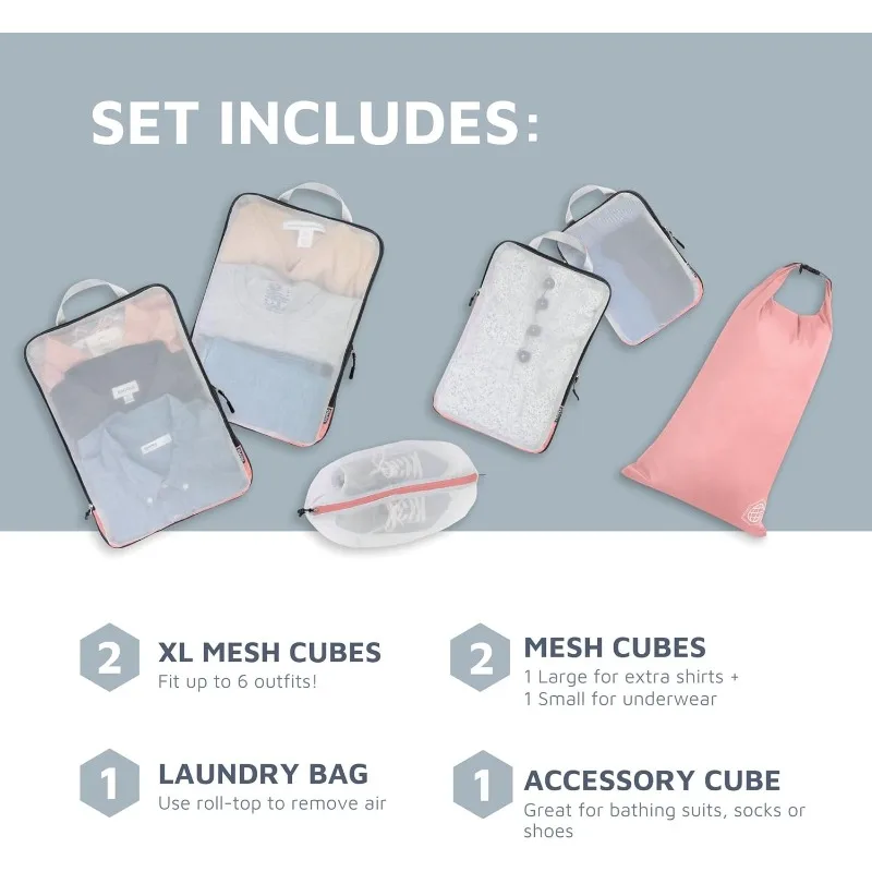 Large Packing Cube Set with See Through Mesh- Compression Packing Cubes Travel Organizers (Dusty Rose)