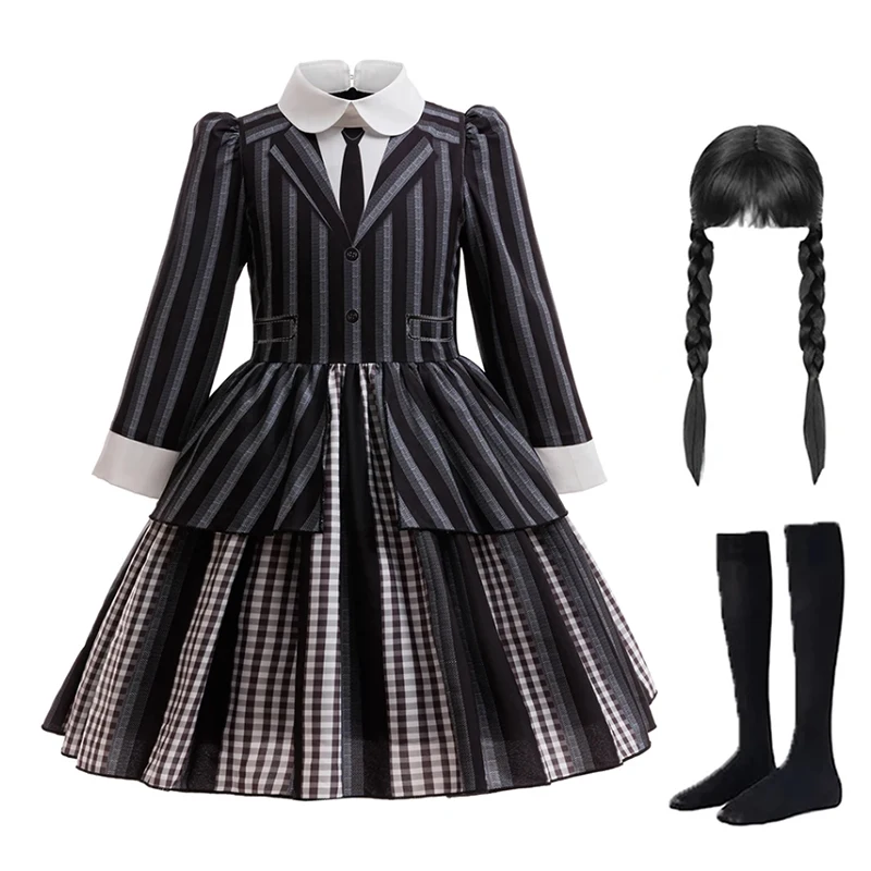 Girls Halloween Costume Wednesday Striped Black Princess Dress+Socks+Wig+Bag 4pcs Sets For Children Carnival Birthday Party