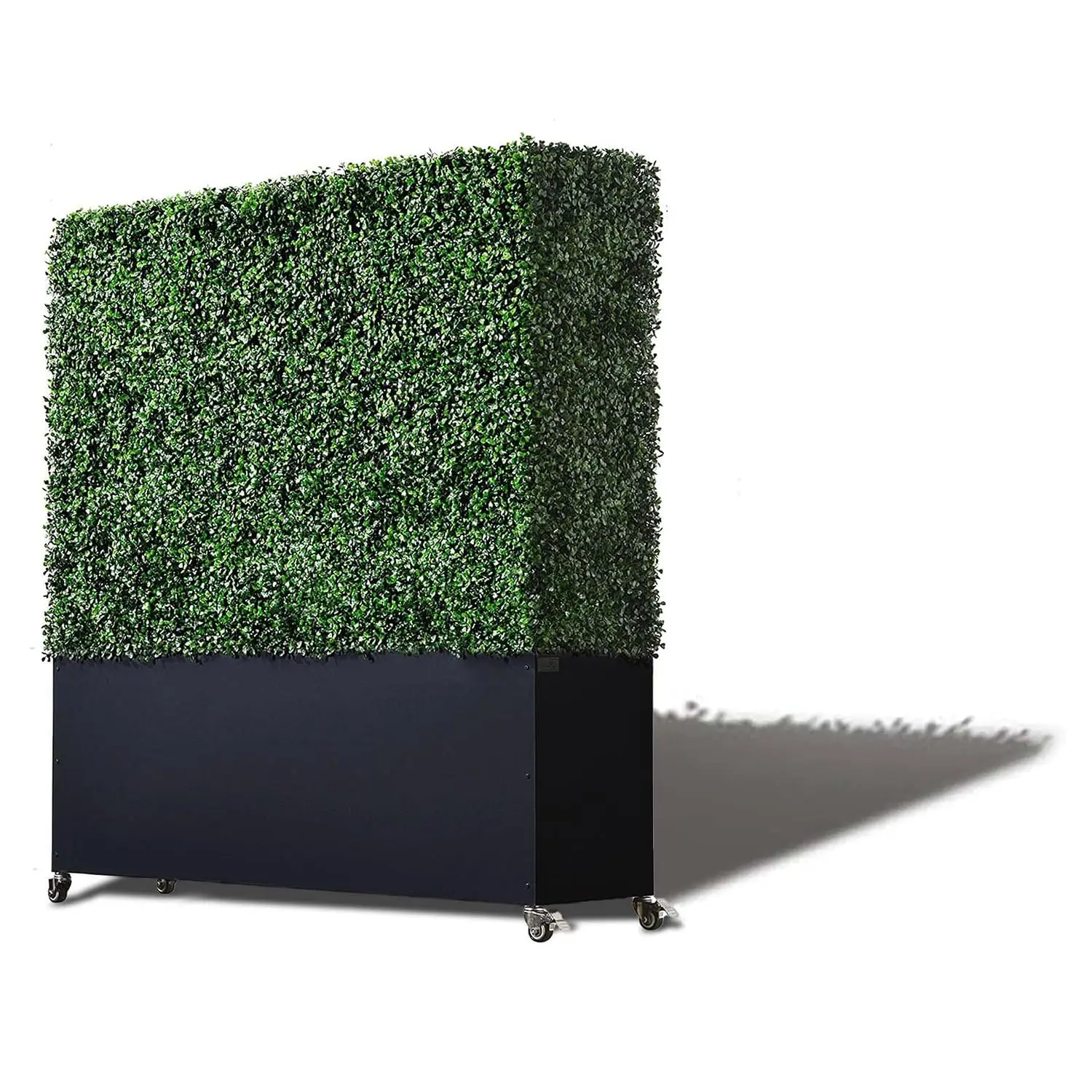 Artificial Boxwood Hedge Privacy Screen with Black Planter on Wheels, Faux Green Wall Divider, 48" W x 51" H x 12" D, Customized