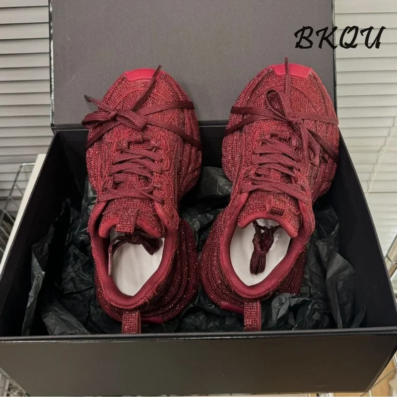 

BKQU Full Drill Burst Flash Daddy Shoes Female 2025 Early Spring New Rhinester Strap Thick Bottom Angola Red Sports and Leisure