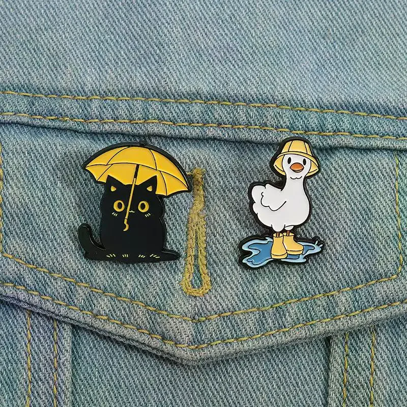 Funny Black Cat With Umbrella Enamel Pins Duck With Rain Boots Metal Brooches Lapel Badge Jewelry Gifts For Friends