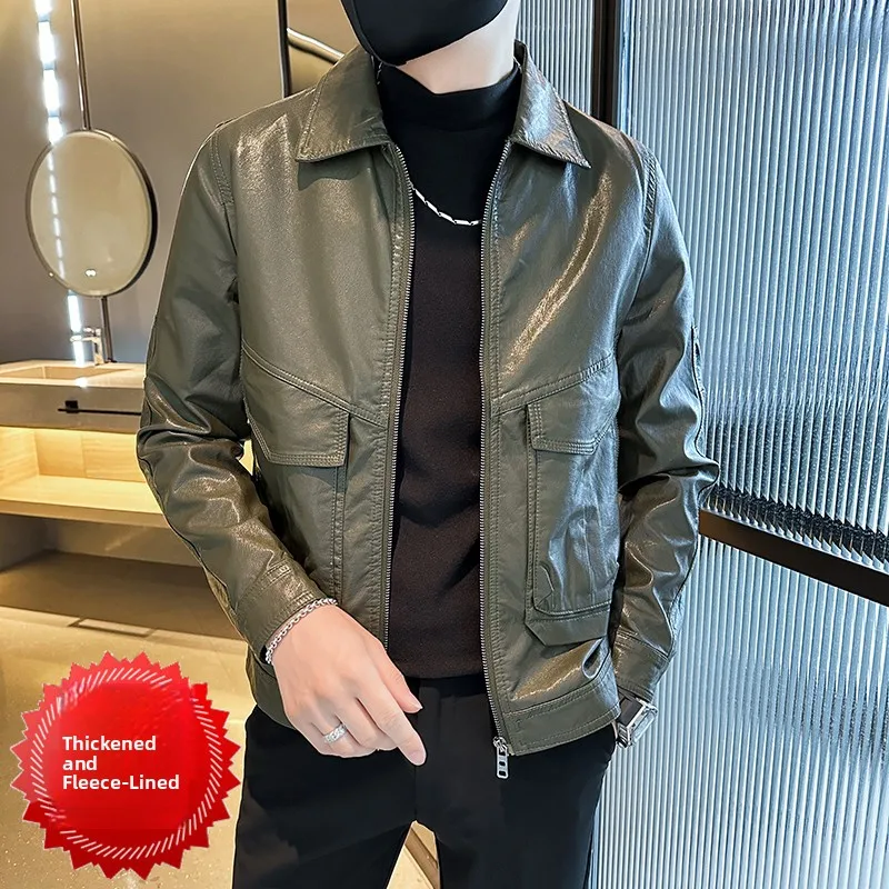 

Slim Fit Fce Lined Thiened Small Size PU Leather Jaet for Men Autumn Winter Youth Casual Sle ort Zipper Coat