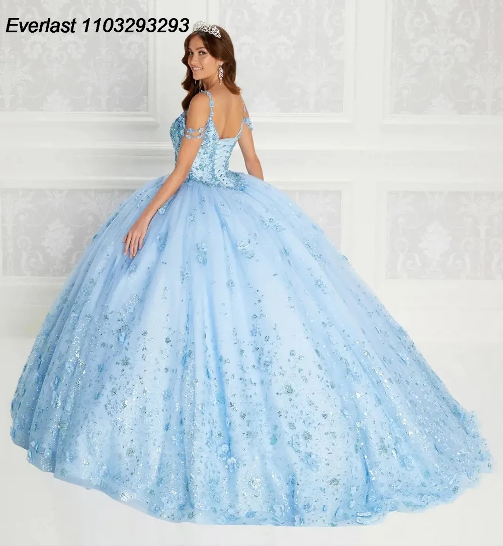 Evlast Glanzend Blauw Quinceanera Jurk Baljurk Appliqué Kralen Kristal Off Shoulder Mexican Sweet 16 Vestido 15 De Años Tqd215