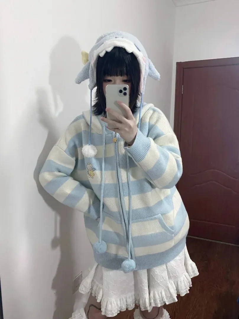 Japanese Kawaii Harajuku Kawaii Dog Striped Cardigan Autumn Loose Hoodie Tops Women Y2k E-Girl New Long Sleeve Zipper Sweater