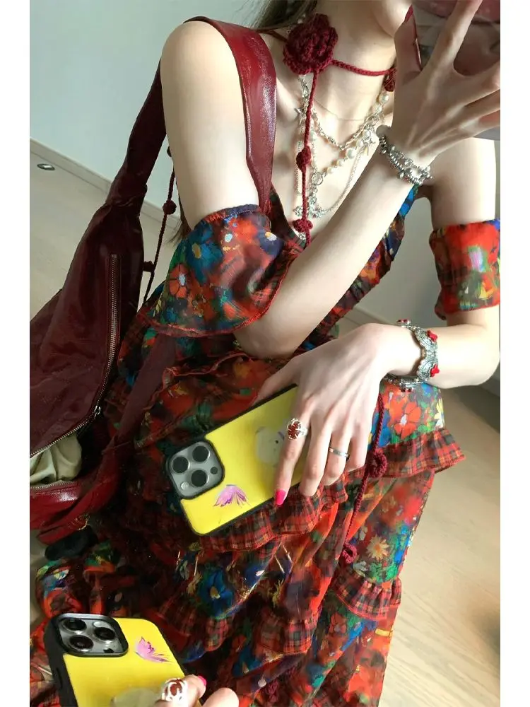 Summer Dress for Women New High-end French Retro Style Advanced Designed Niche Temperature V-neck Suspender Floral Dress