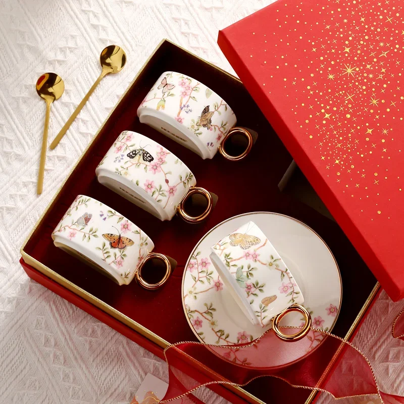 New European Bone China Coffee Cups and Saucers Tableware Coffee Milk Mug Afternoon Tea Teacup Saucer Coffeeware with Gift Box