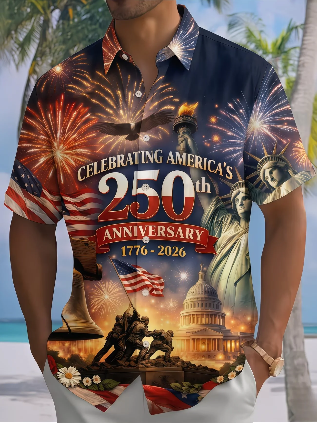 Mens 1776 2026 250th US Independence Anniversary Patriotic Print Short Sleeve Button Down Hawaiian Shirt