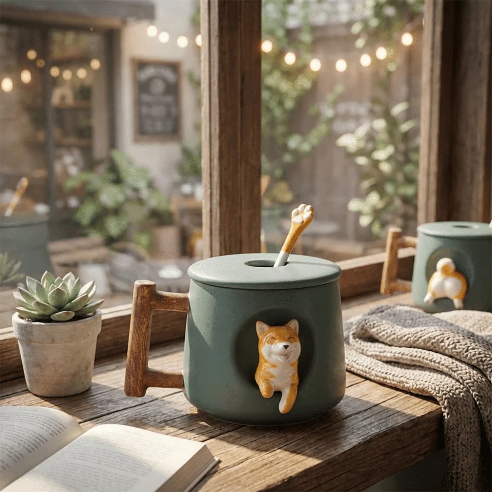 

Cute Cartoon 3D Ceramic Mug Dog Design 420ml Milk Tea Cup Heat-resistant with Lid and Spoon Water Cup Cafes