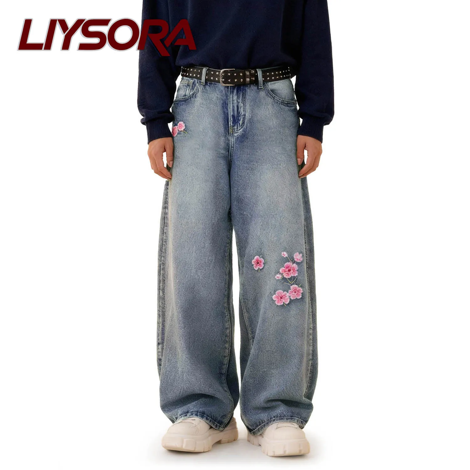

LIYSORA Korean Version Fashion Cherry Blossom Embroidery Baggy Wide Leg Jeans American Retro Men Women Y2K Denim Pants Unisex