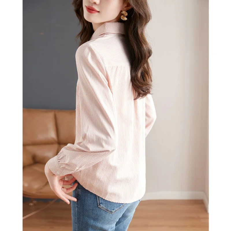 Women\'s Spring Autumn Korean New Polo Collar Striped Shirt Commuter Fashion Embroidered Button Casual Versatile Long Sleeve Tops