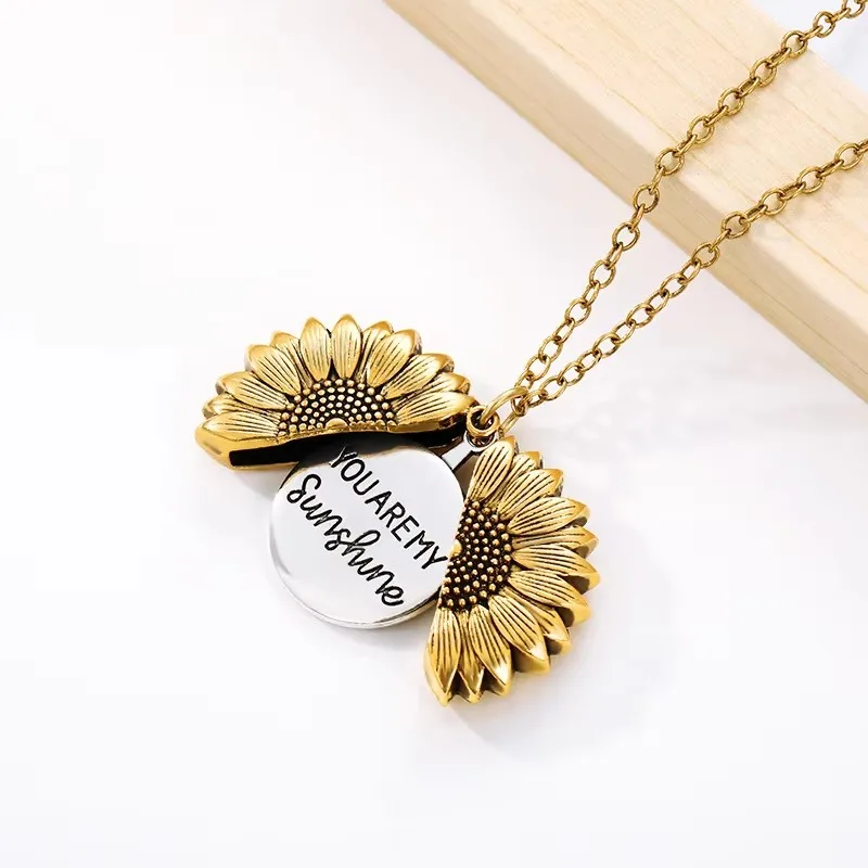 Sunflower Pendant Necklace You Are My Sunshine Open Locket Boho Jewelry Friendship Bff Letter Necklace Collier Mother's Day Gift