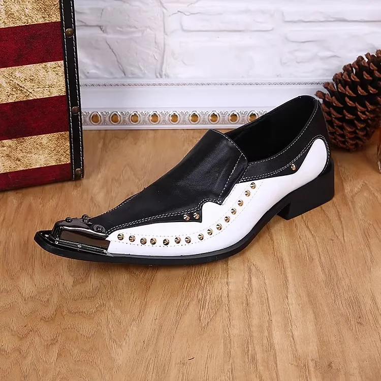 Punk Style Rivet Men\'s Sewing Shallow Loafers Fashion Mixed Color Pointed Toe Chunky Heel Leisure Shoes Male Party Dress Oxfords