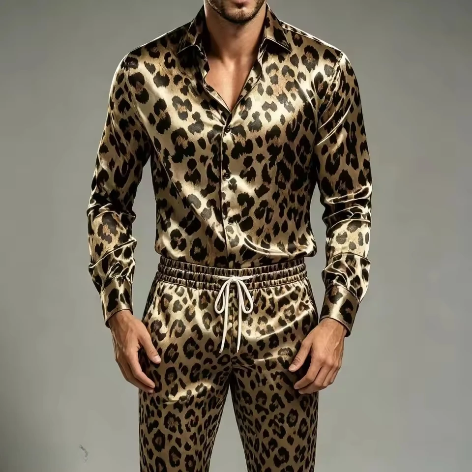2026 New Men's Long Sleeved Two-Piece Leopard Print Silk Satin Shirt with Buttons, Elastic Pants, Casual Party Street Set view 6
