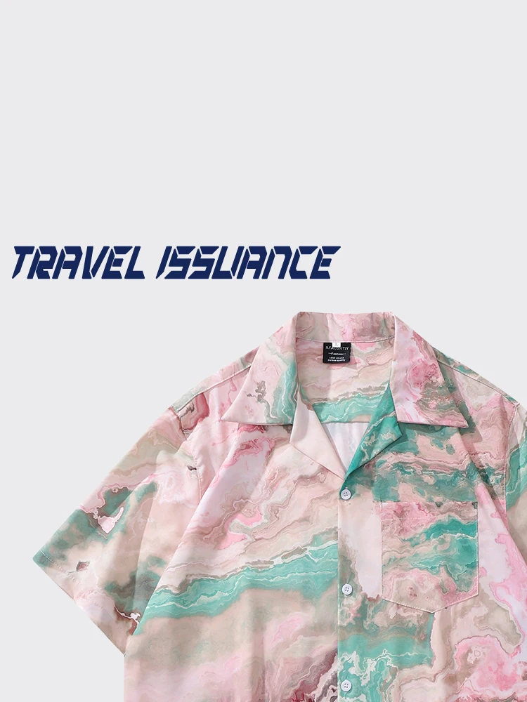 トラベル発行品-キューバカラー-ルーズカップル半袖シャツ-インス-トレンドブランド-ハワイ-バケーションウェア-カジュアル衣装