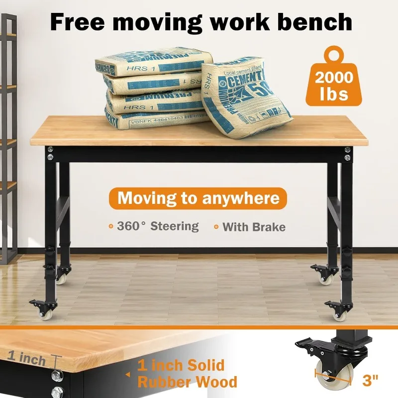 48" Heavy-Duty Adjustable Workbench, Rubber Wood Shop Table W/Metal Wheels, Hardwood Workstation Weight Capacity Over 2000 Lbs