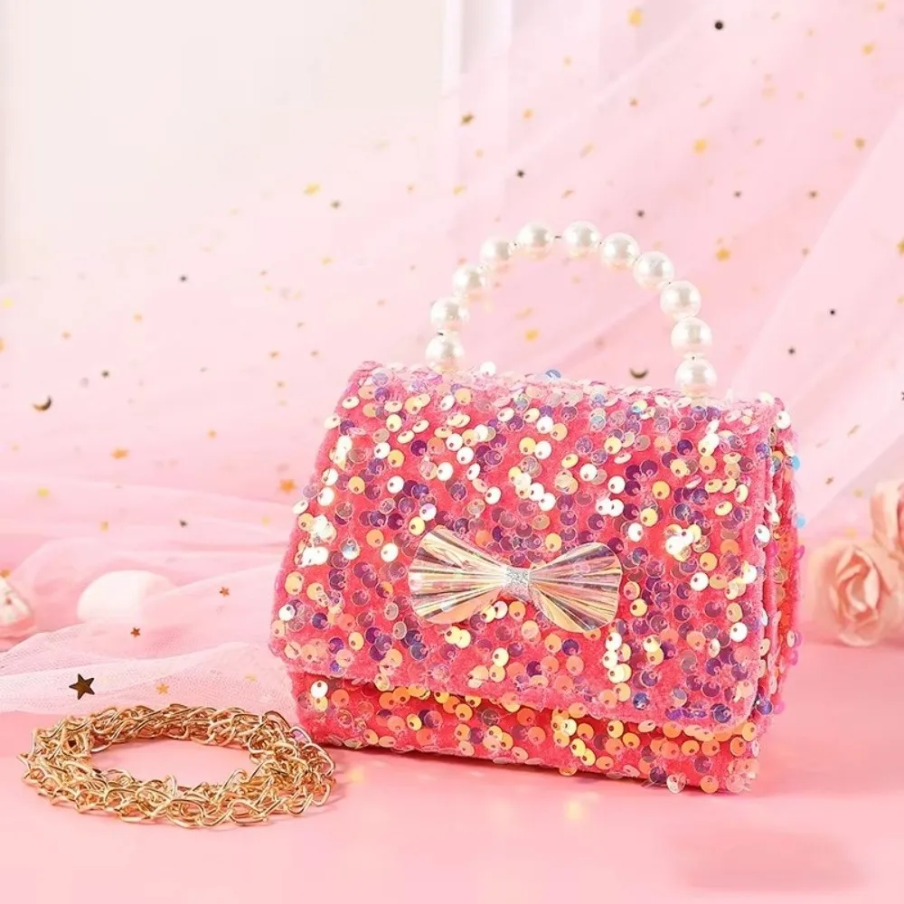Cute Sequin Princess Crossbody Bag Glitter Bowknot Girls Purse Pearl Handle Detachable Strap Handbag