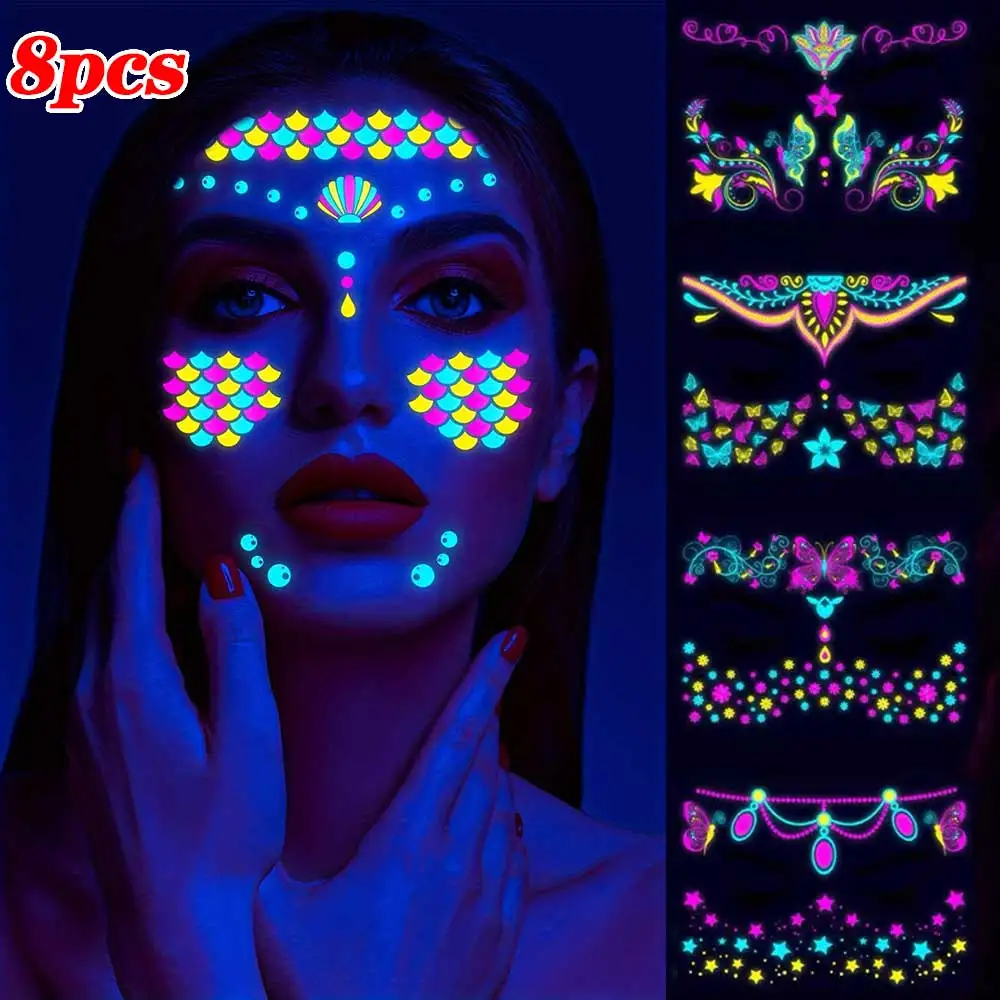 8pcs/set Music Festival Fluorescent Face Sticker Neon UV Glow Tattoo Sticker 14*15cm Waterproof Nightclub Party Luminous Tattoo