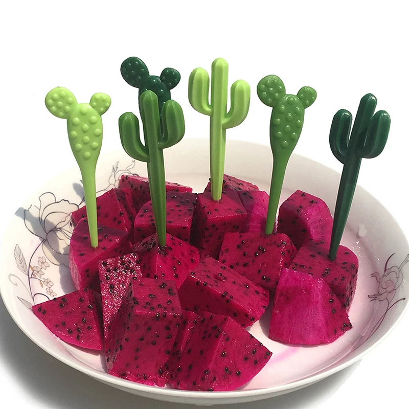 6pcs/pack Creative Cactus Fruit Forks Dessert Forks Toothpick Kids Tableware Food Picks Plastic view 3