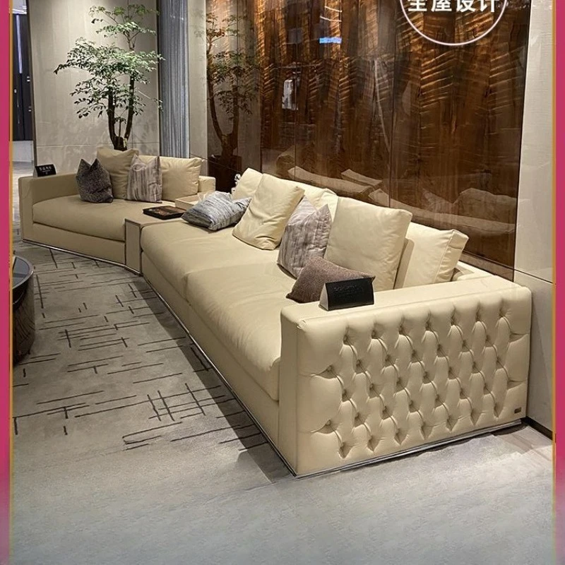 

Light luxury leather art sofa living room straight row curved sofa villa hotel lobby reception negotiation luxury sofa