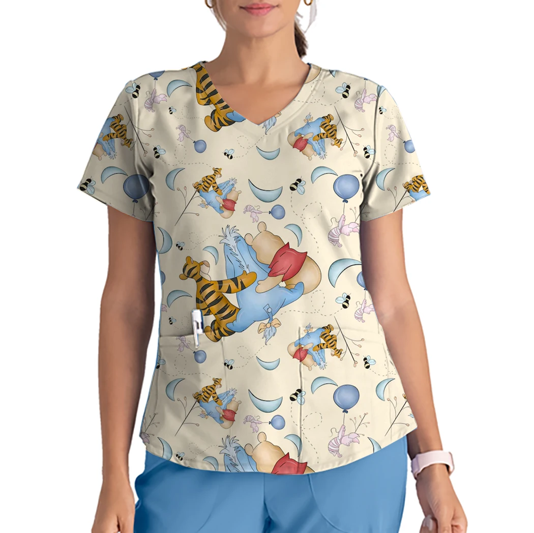 

Summer Disney Winnie the Pooh Tigger Print Workwear V-neck Pocket Tops Pet Beauty Salon Work Nurse Care Worker Casual