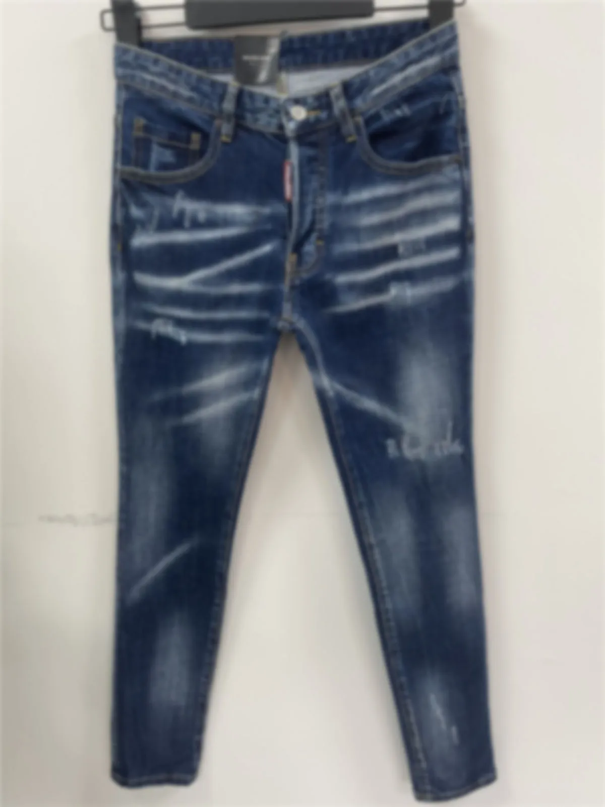 

2024 New Trendy Men's Washed, Scratched, Patched, Painted, Embroidered, Hand sewn, Small Feet, Blue D2 Jeans for Men