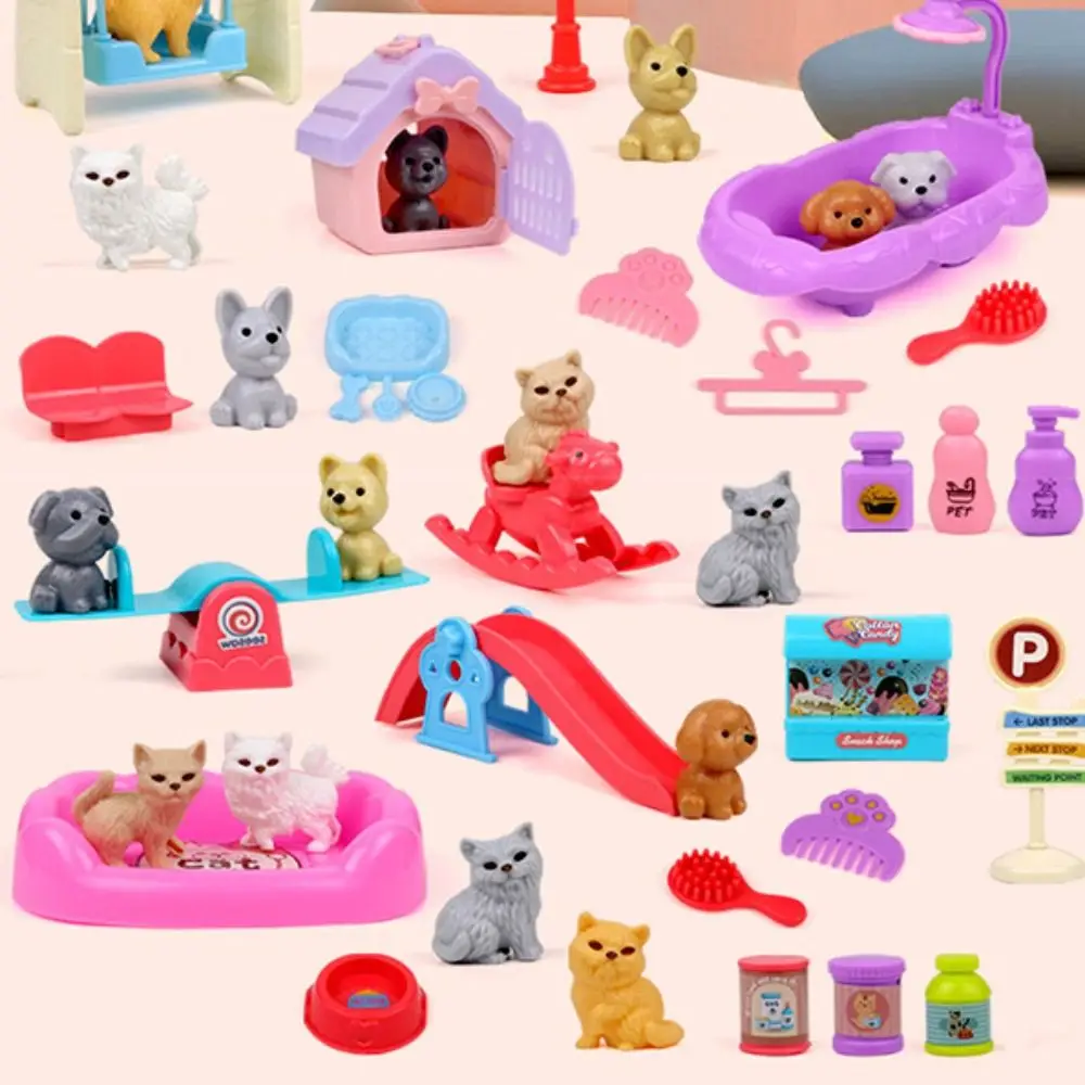 High Quality Cute Mini Puppy Pretend Play Toy Dog Doll Set Animal Dog Pet Basket Toys Kids Toys Visual Senses Scene Playing Toys