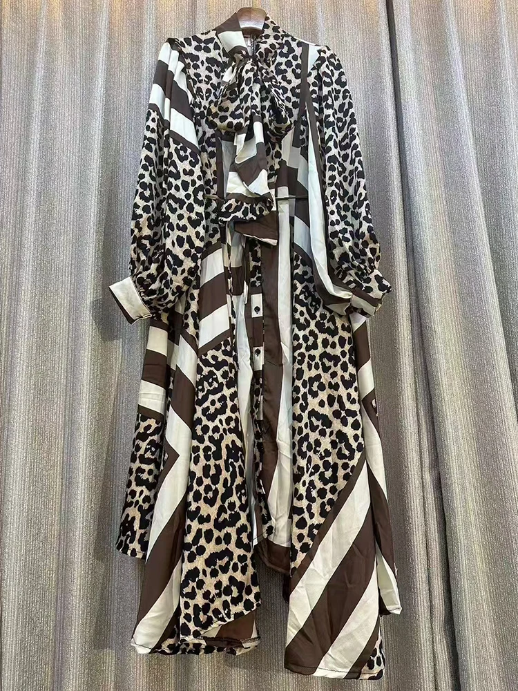 Retro geometric printed bow collar single-breasted long-sleeved dress 2025 autumn women's fashion loose irregular puffy dress